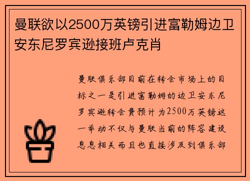 曼联欲以2500万英镑引进富勒姆边卫安东尼罗宾逊接班卢克肖